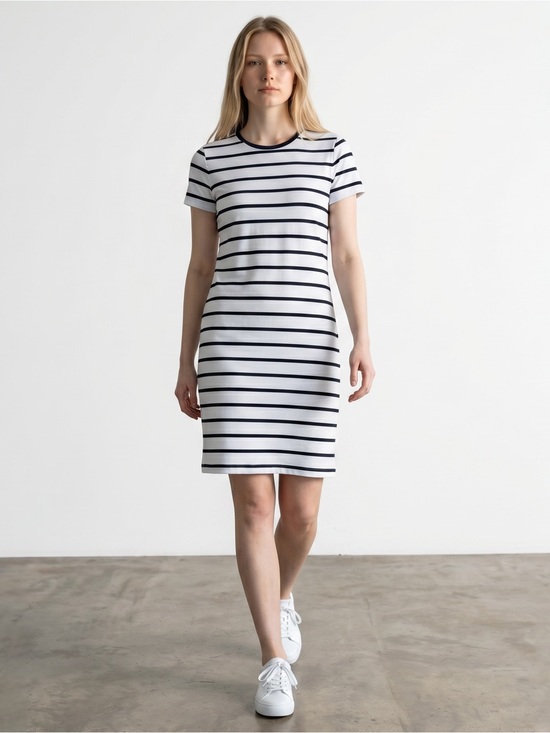 Athleta Dresses & Skirts - Athleta White Dress with Navy Stripes - Short Sleeve Mini